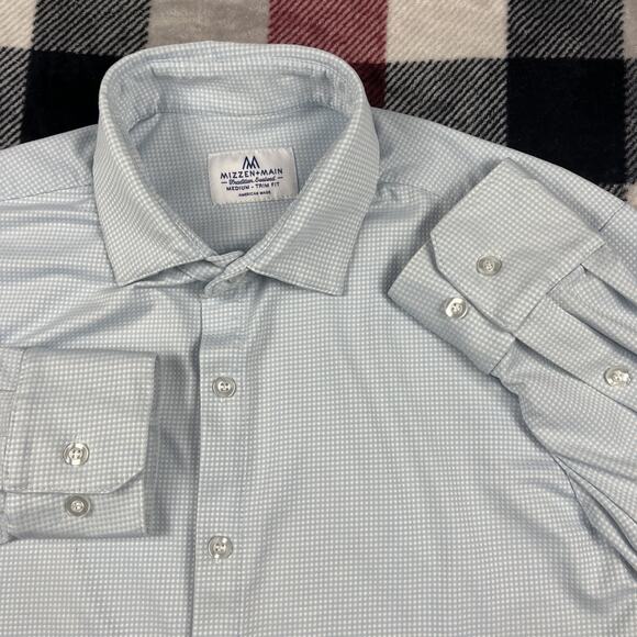 Mizzen Main Performance Shirt Mens M Blue Check Trim Fit Maylard Button *stain - Picture 2 of 11